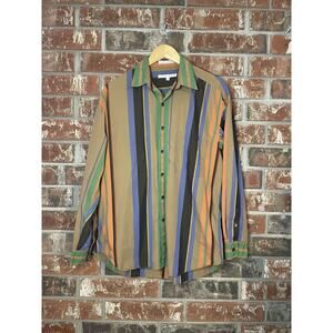VTG Perry Ellis Vertical Striped M Button Up Long Sleeve Neutral Colorful Retro